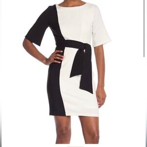 MAGGY LONDON Black Ecru Color Block Tie Front Mini Dress Size US 8 NWT